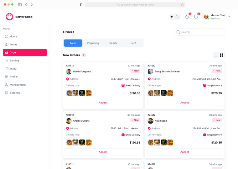 Restaurant dashboard interface