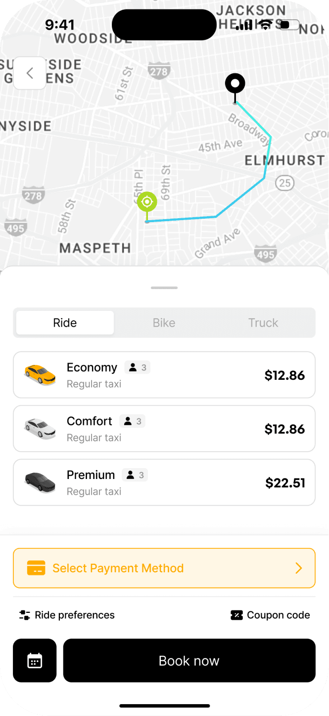 BetterTaxi passenger app map and booking screen