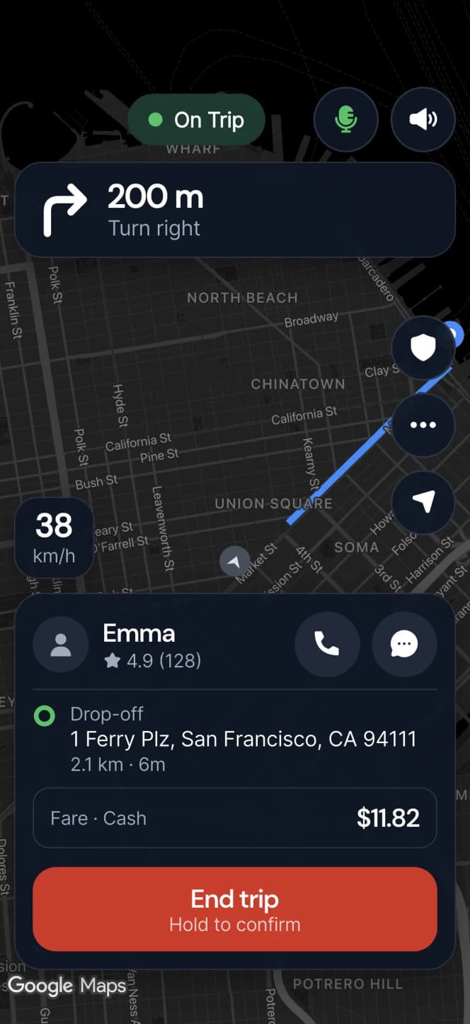 BetterTaxi driver app trip screen with the next turn