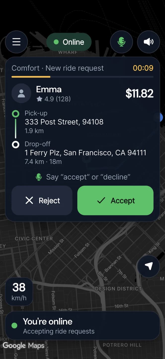 BetterTaxi driver app ride request screen
