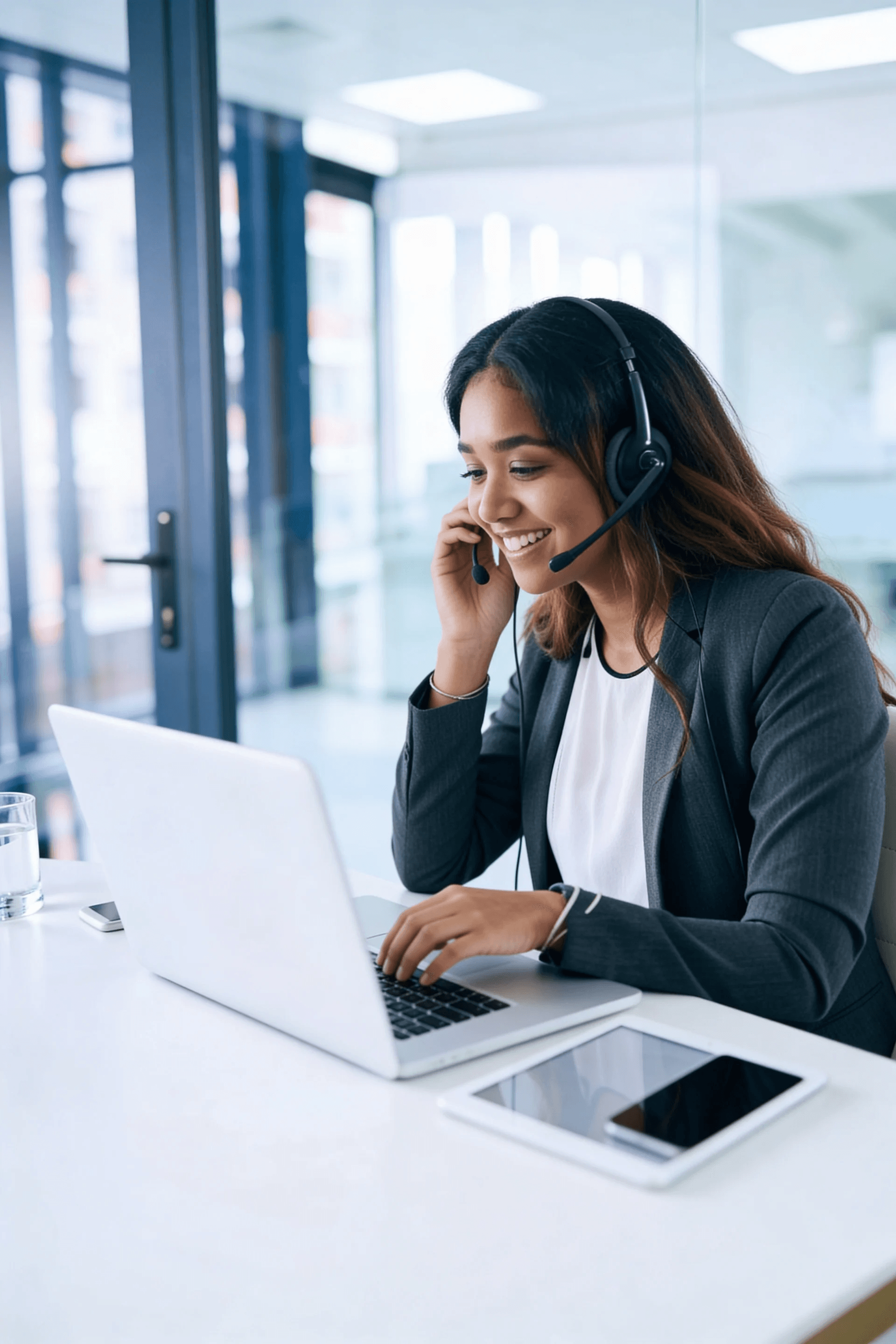 Operations agent with laptop and headset
