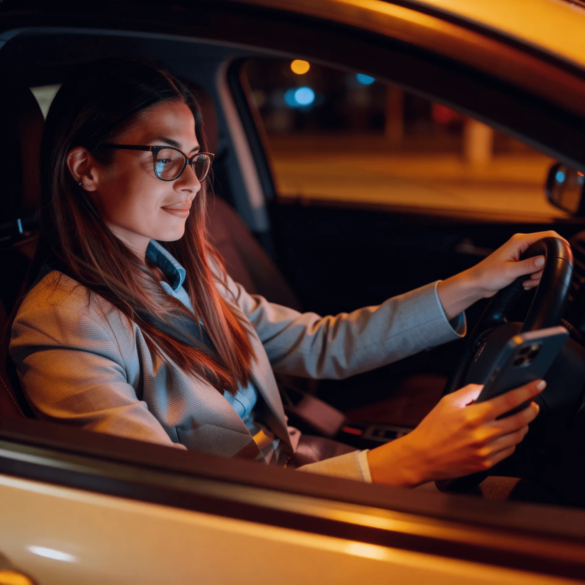 Driver using a smartphone while operating a taxi at night