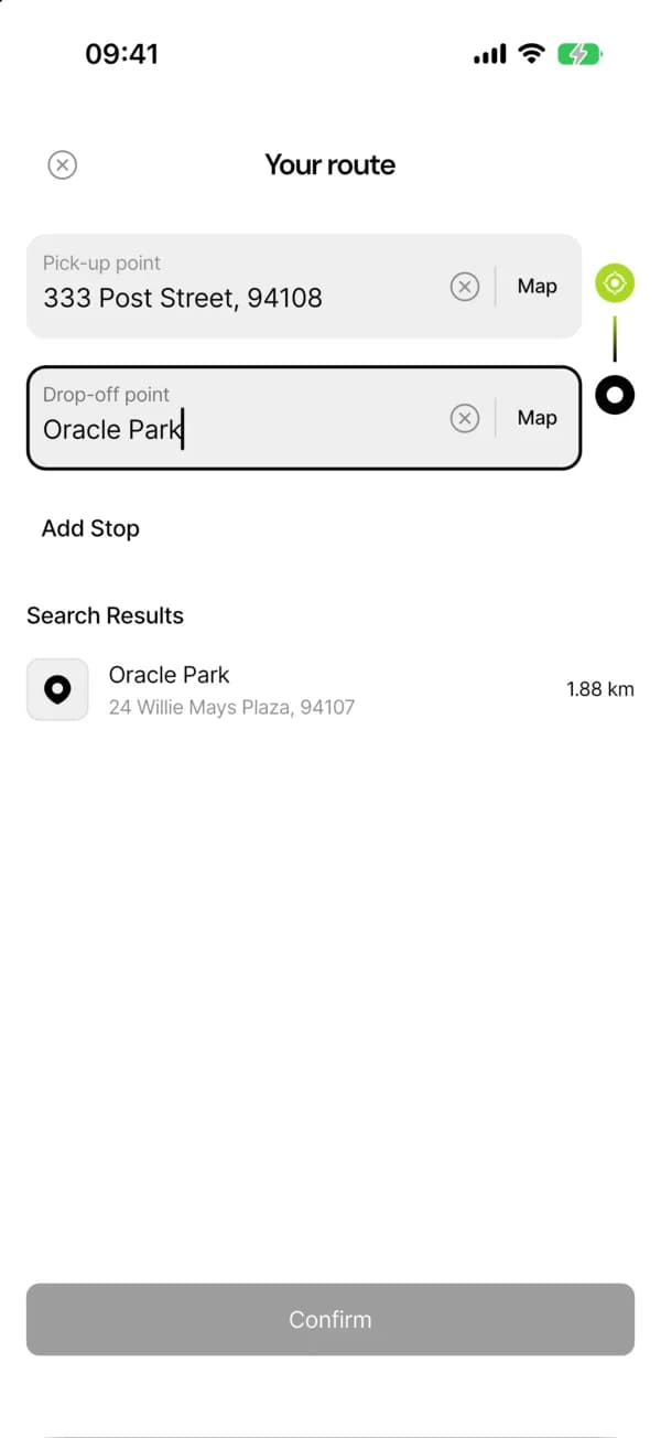 BetterTaxi: Set the pickup. Pickup and drop-off, with search results ranked by distance.