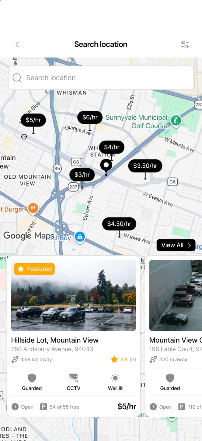 Parking search map with hourly prices