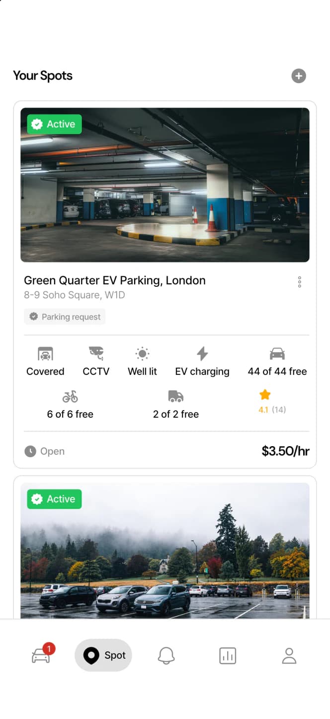Spot owner's list of parking spots