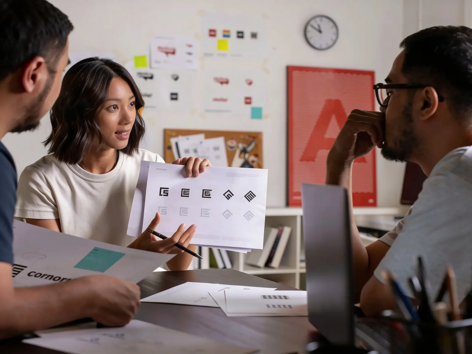 A design workshop with branding materials on a table